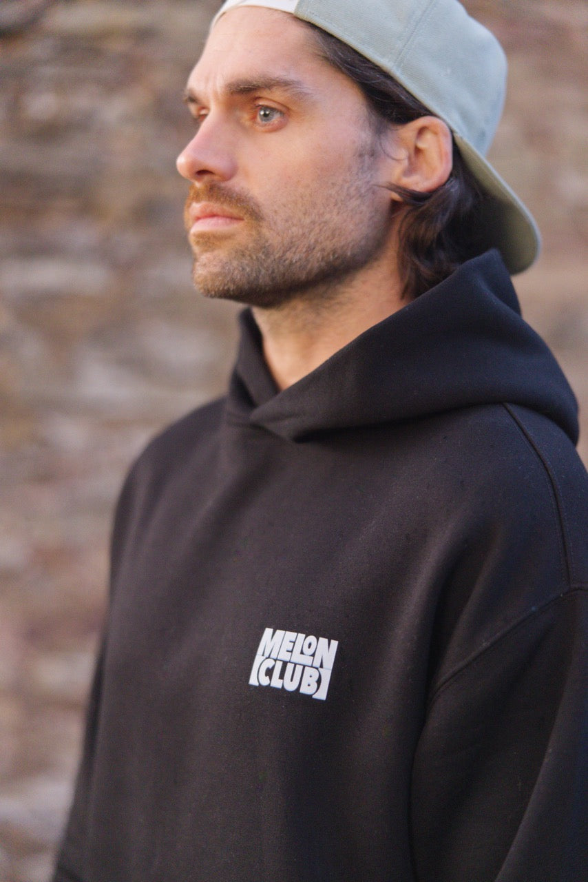 Deep Sea Diving // Heavy Black Hoodie // 320gsm // Front Close Up Lifestyle // MelonClub