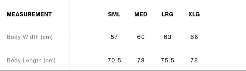 Hoodie size chart with measurements in centimeters